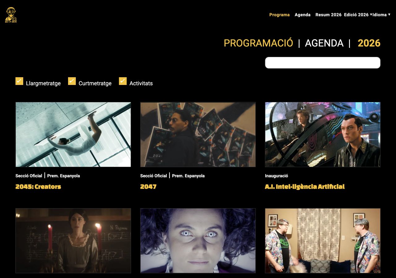 Programa de SciFi BCN 2026 amb fotogrames, seccions i cerca